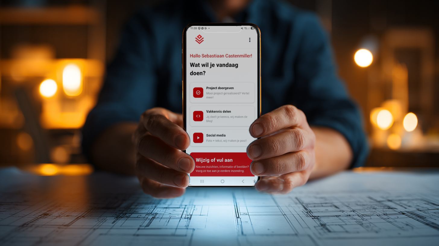 Mobiele app interface met chatbot voor projectinformatie verzameling