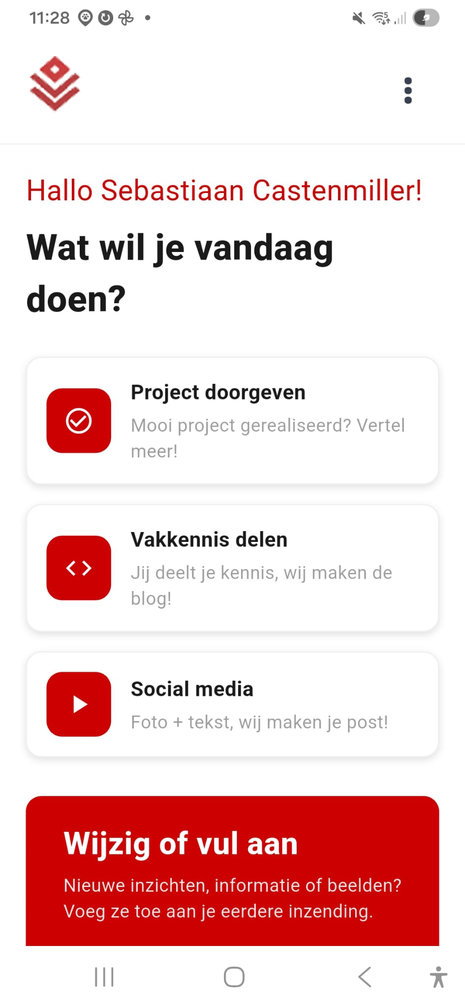 Startscherm marketing chat app met drie project types: project doorgeven, vakkennis delen, social media