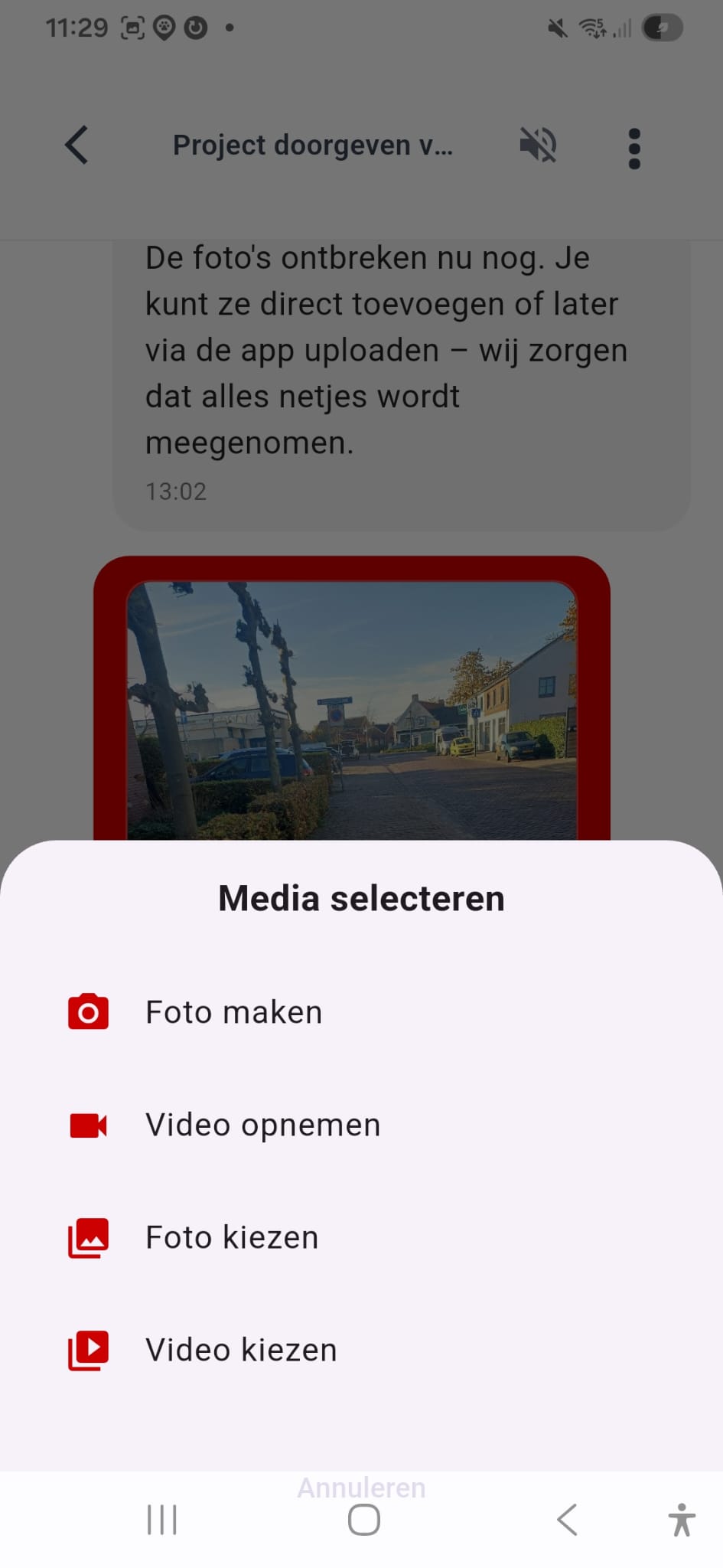 Media selectie menu met opties voor foto maken, video opnemen, en bestanden kiezen