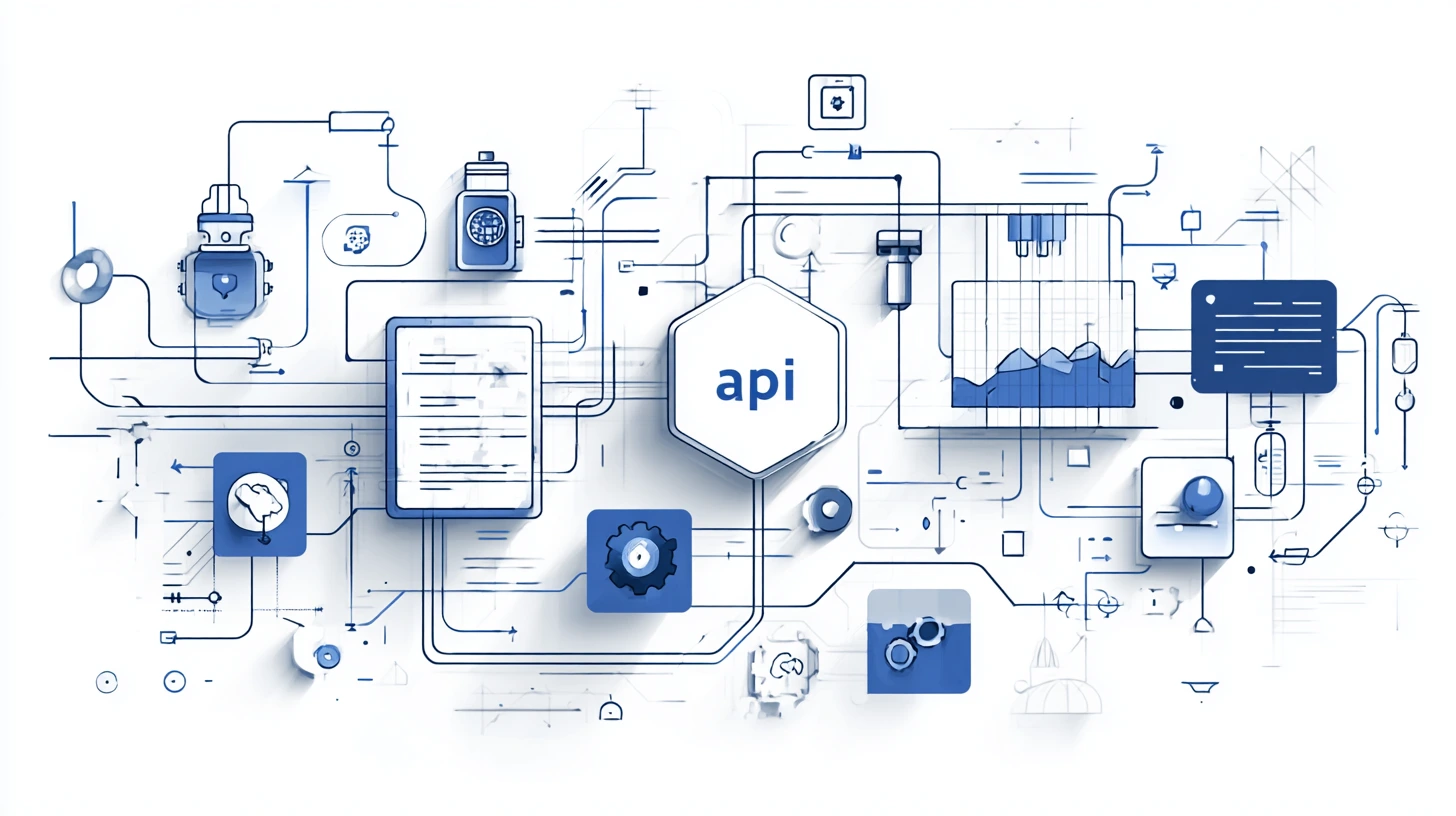Visuele weergave van een API-koppeling tussen een website en externe databases zoals CRM en ERP.